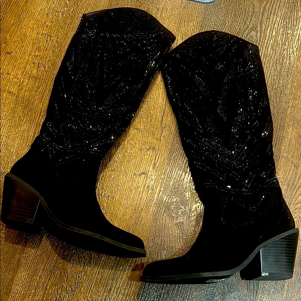 Western Rhinestone Black Knee-High Women's Boots Festival Wear